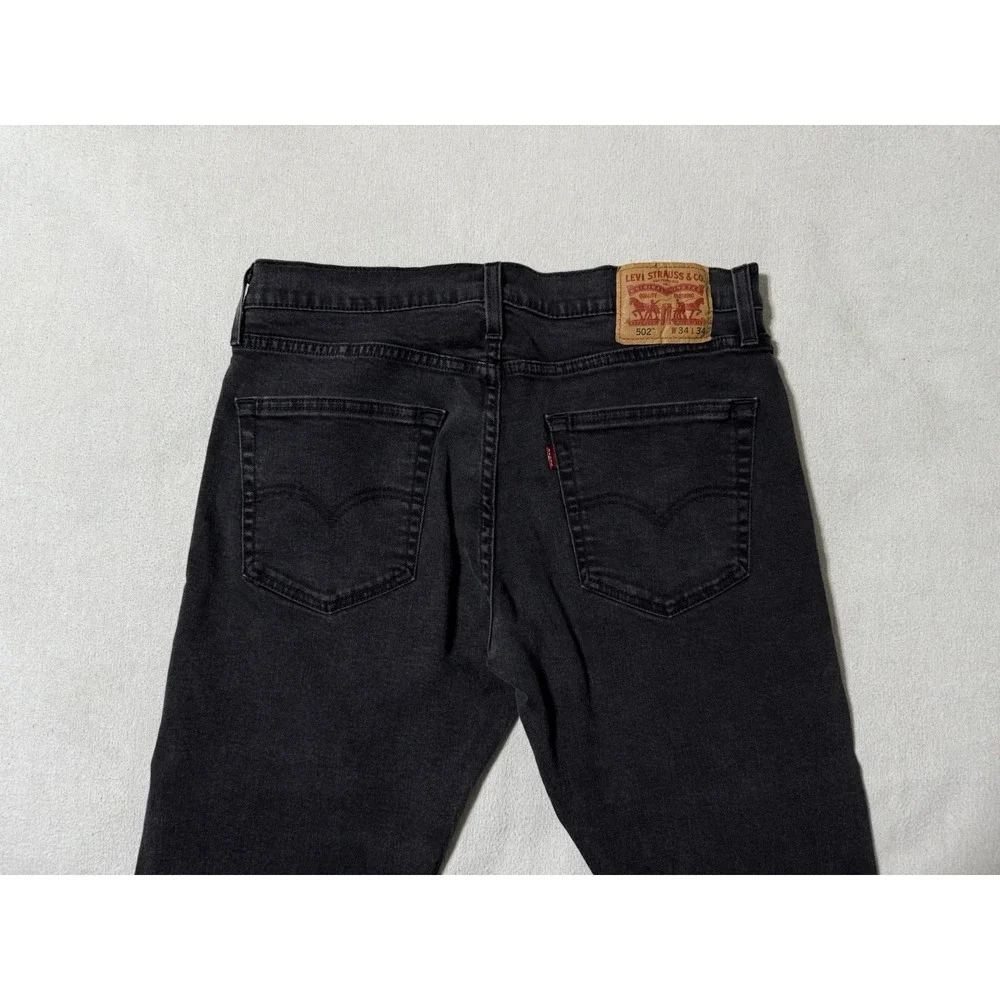 Levis 502 Jeans Mens 34x30 Black Regular Tapered Mid Rise Dark‎ Wash Denim